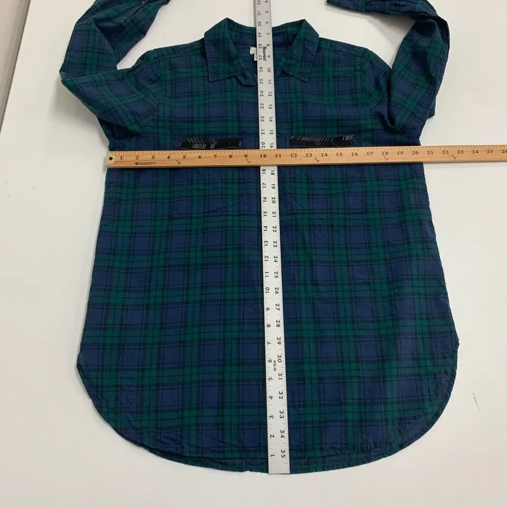 J Crew Popover Shirt Womens M Medium Plaid Beaded Pockets Half Button Oversized